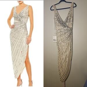 Mac Duggal Sequin Faux Wrap Sleeveless Midi Dress Silver/Yellow NWT